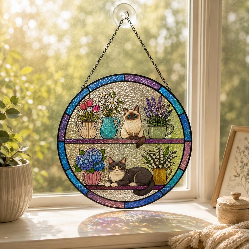 Runder Glas-Sonnenfänger mit Katzenmotiv, Fensterdeko, 3.5-11.8 Zoll, mit Kette und Saugnapf