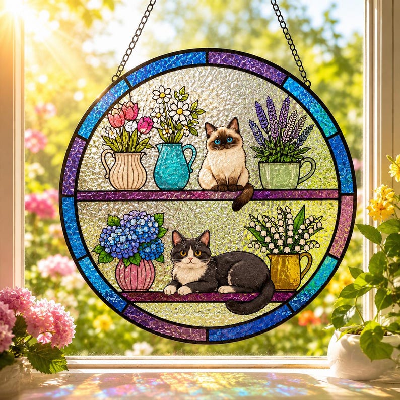 Runder Glas-Sonnenfänger mit Katzenmotiv, Fensterdeko, 3.5-11.8 Zoll, mit Kette und Saugnapf