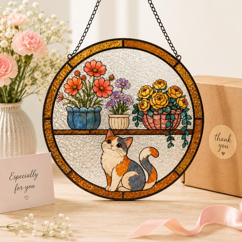 Katzen Fensterhänger aus Glas, dreifarbige Katze Blumen Sonnenfänger, Fensterdekoration, Acrylglas