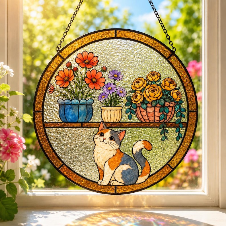 Katzen Fensterhänger aus Glas, dreifarbige Katze Blumen Sonnenfänger, Fensterdekoration, Acrylglas