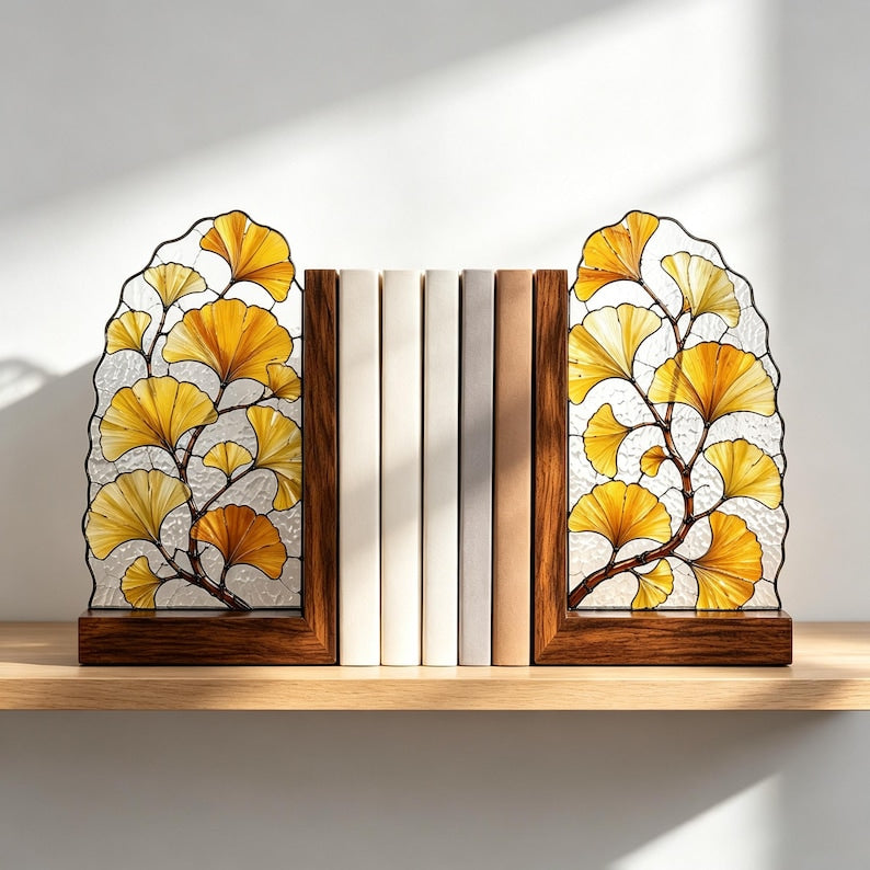 Ginkgoblattförmige Buchstütze aus Buntglas mit Holzsockel