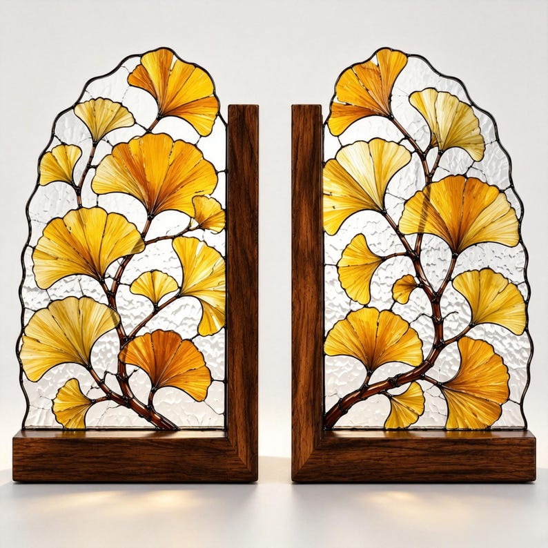 Ginkgoblattförmige Buchstütze aus Buntglas mit Holzsockel