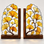 Ginkgoblattförmige Buchstütze aus Buntglas mit Holzsockel