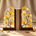 Ginkgoblattförmige Buchstütze aus Buntglas mit Holzsockel