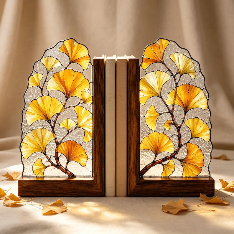 Ginkgoblattförmige Buchstütze aus Buntglas mit Holzsockel
