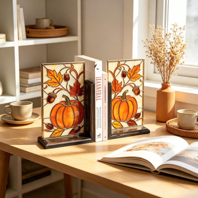 Kürbis-Buchstützen aus Buntglas, Buchstopper mit Ahorn und Eichel, 20,99 cm Höhe