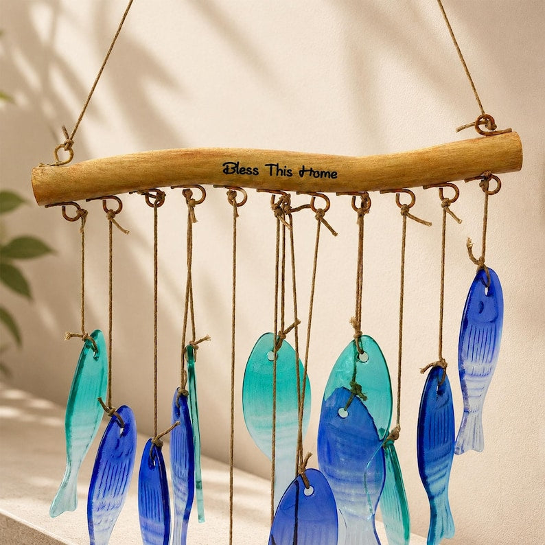 Handgefertigtes blaues Glasfisch-Windspiel, Garten- und Terrassen-Dekoration