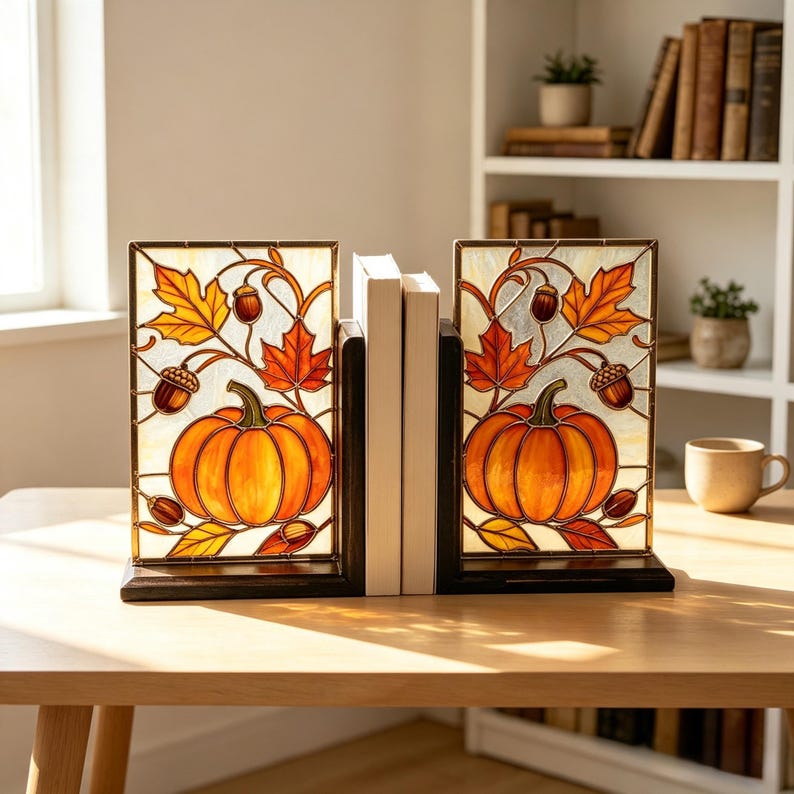 Kürbis-Buchstützen aus Buntglas, Buchstopper mit Ahorn und Eichel, 20,99 cm Höhe